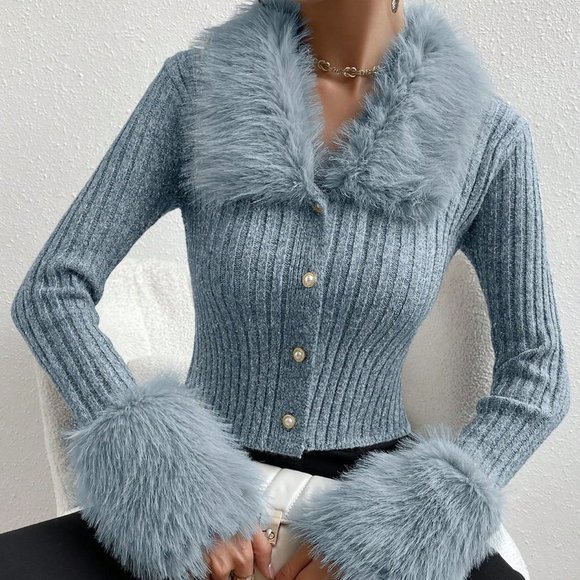 MODA ME COUTURE Sweaters - Faux Furry Collar Long Sleeve Knitted Ribbed Cardigan Dusty Blue